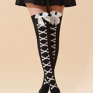 New White Bow & Crossbones Black Over the Knee High Tights